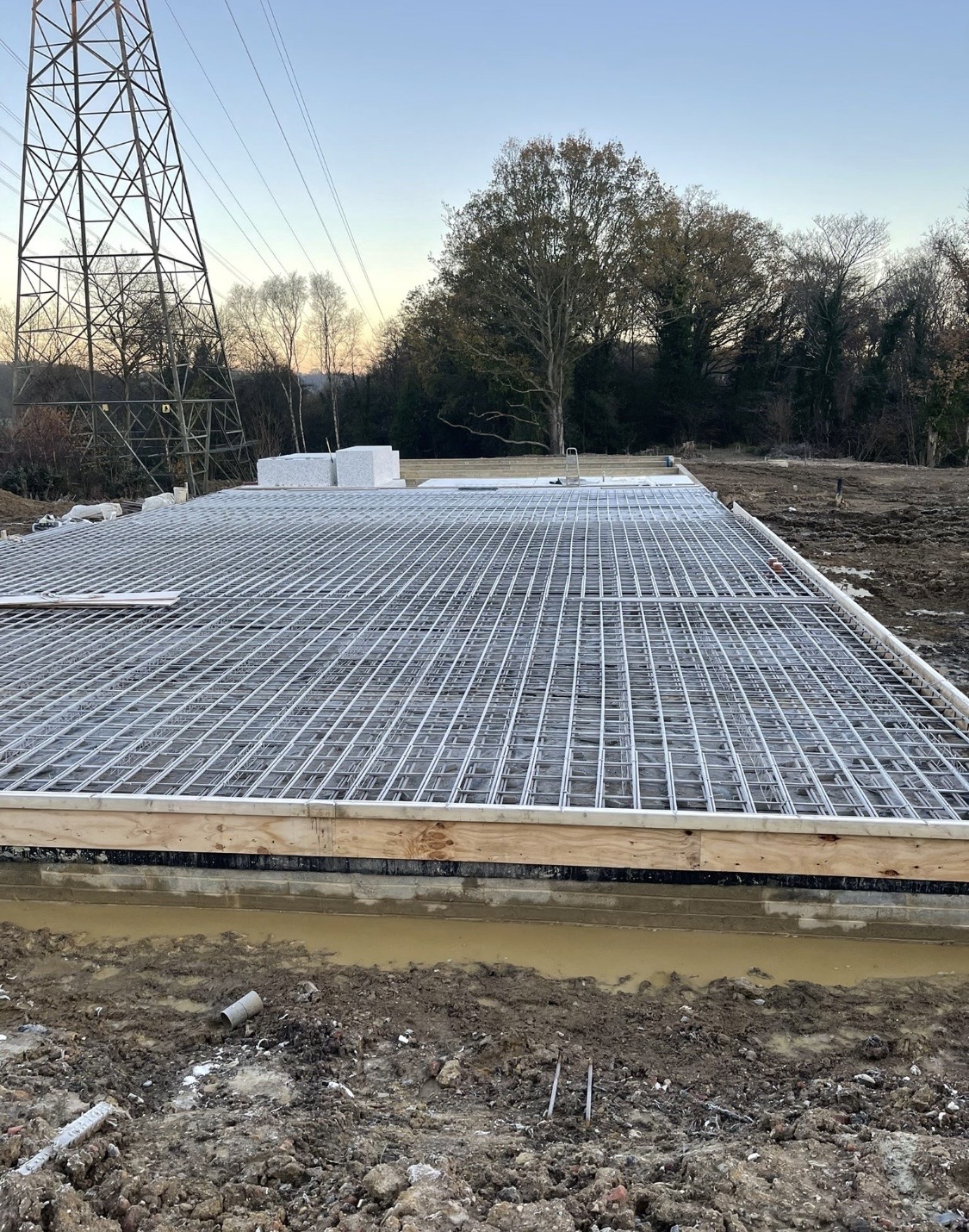 Reinforcement mesh laid over insulation ready for slab pour